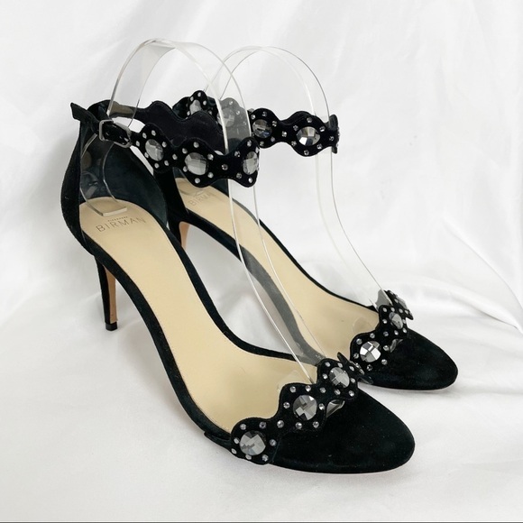 Alexandre Birman Jeweled Round Open Toe Suede Leather Heels Sandals Black
